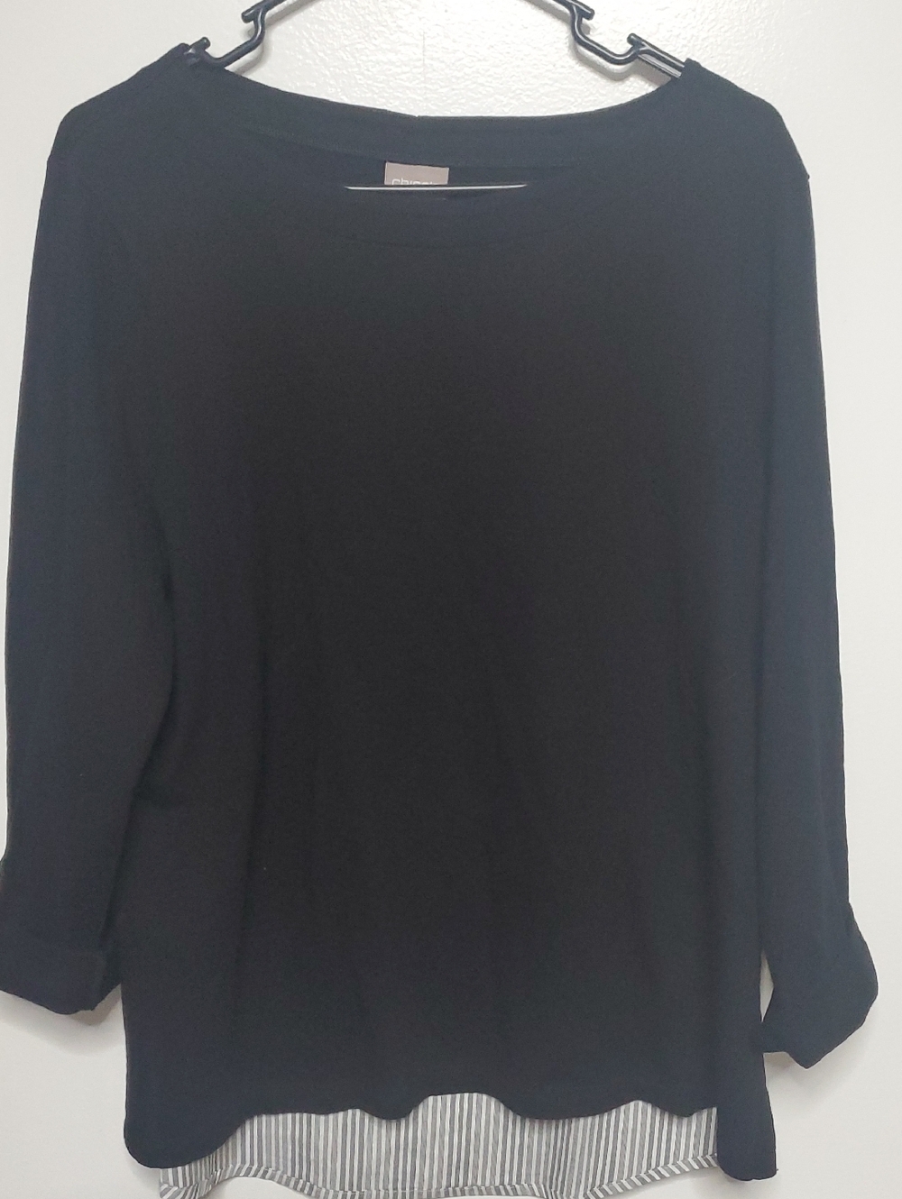 Chico's Black Layered Hem Tunic with Striped Underlay